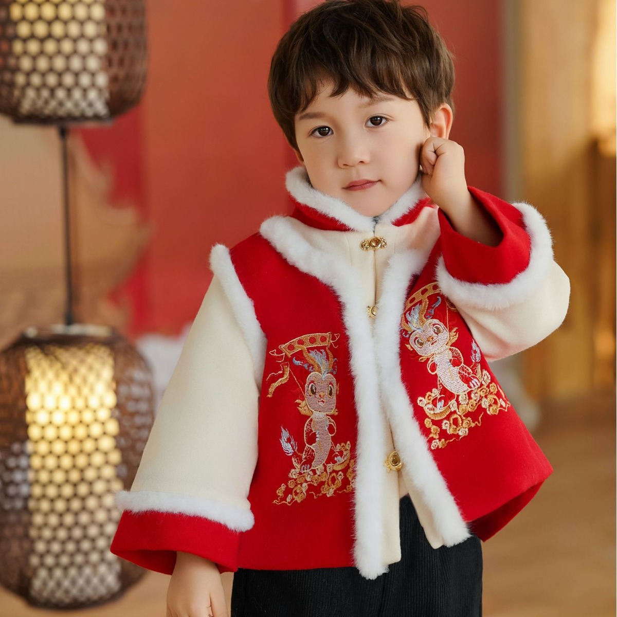 冬季儿童拜年服中国风加绒唐装新年红色喜庆时尚过年服