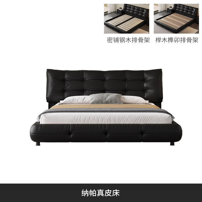 Cama de cuero de buey negro minimalista italiana, cama principal, cama queen, atmósfera de alta gama, cama de boda de envoltura suave, cama de boda doble, cama queen image 7