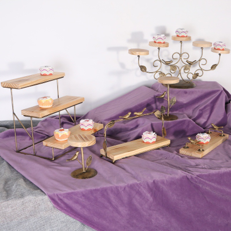 Nuevo marco de madera bandeja de hierro forjado marco de bocadillos marco europeo de madera sólida mesa de postres marco de exhibición conjunto de decoración pastel image 4