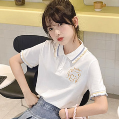 初中生少女polo衫短袖学生夏季女大童百搭翻领设计感正肩t恤上衣