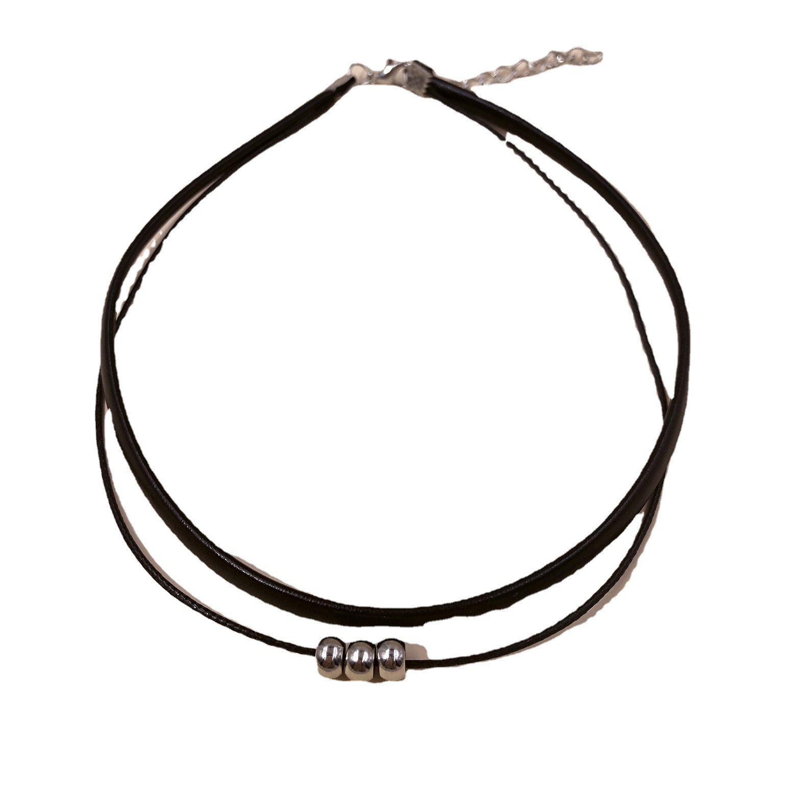 Minimalist Silver Plated Double Layer Leather Wax Choker Necklace_voghion.com