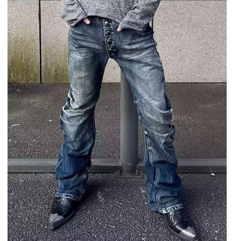 Cross-Border American Retro Washed Flared Jeans for Men, Low-Waist Slim Fit, Stacked Effect, Floor-Length Bell-Bottoms, High Street Hot Item