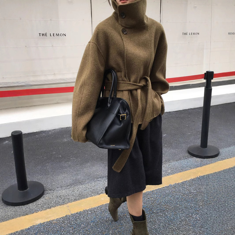 2025 Winter New Style Kim Min-Hee Same Style Korean Version Loose Stand Collar Double-Sided Wool Coat Short Lace-Up Woolen Jacket