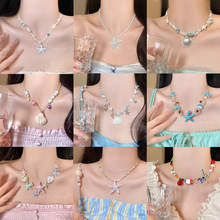 海边度假风天然贝壳串珠可调节项链设计感手作编织绳甜美风锁骨链