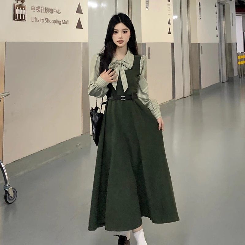 大码胖MM法式条纹连衣裙女秋季高级感裙子胖MM显瘦学院风A字裙|undefined