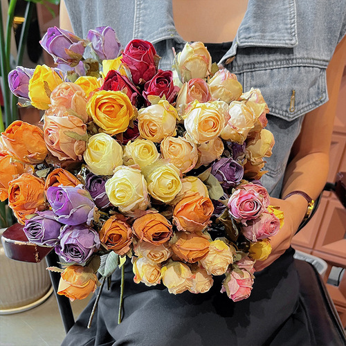 High-end 5-head edge-burned small rose artificial flowers manufacturer wholesale fake flowers foreign trade decorative flowers bionic home decoration artificial flowers