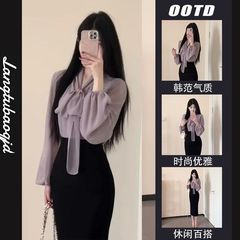 一整套韩系穿搭春秋新款轻熟风V领系带衬衫上衣包臀半身裙两件套