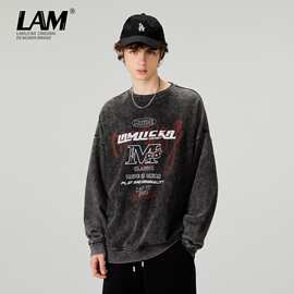 lamlicka美式做旧字母圆领卫衣男休闲廓形水洗重工潮大码上衣宽松
