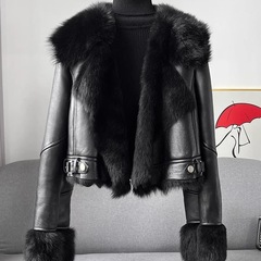 秋冬新款加绒名媛千金风大翻领仿狐狸毛派克服机车服皮衣短外套女