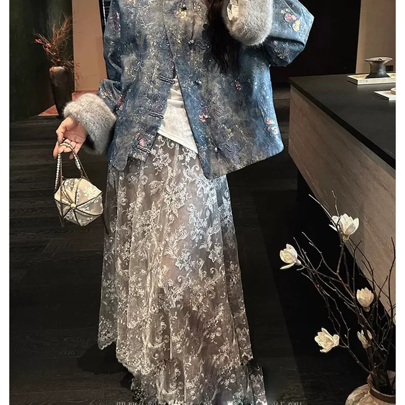 【扶光】新中式珠片刺绣丝绒冬季半身裙2025新款蕾丝网纱提花半裙