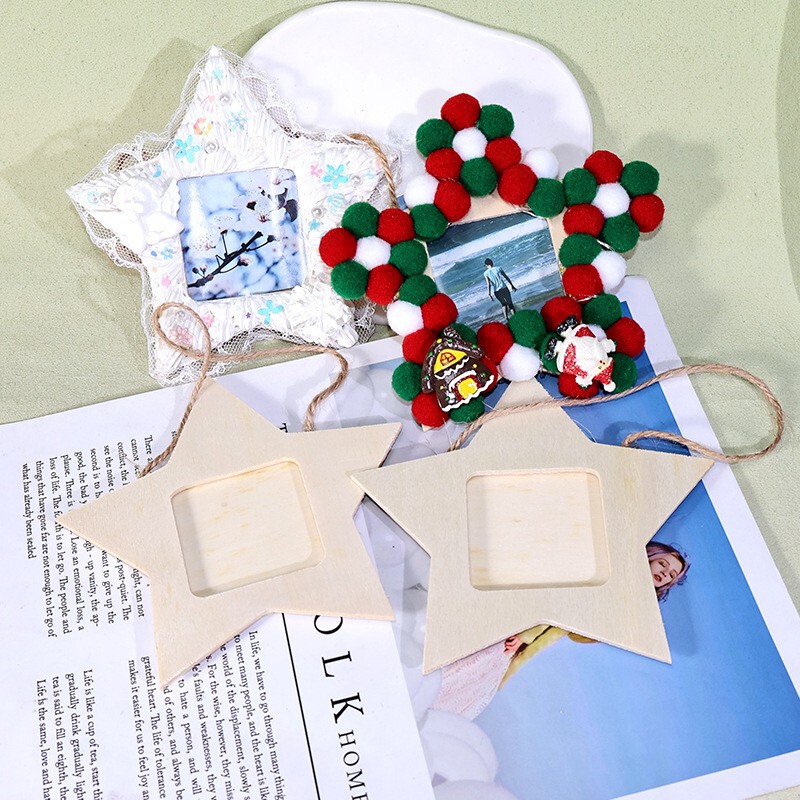 Bicai Wooden Mini Five-Pointed Star Hanging Photo Frame Ornaments Handmade DIY Material Photo Frame Graffiti Painting Frame