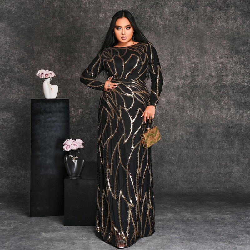 Cross-border Trade European and American chubby girl plus size Women's Long Sleeve Round Neck Banquet Sexy Sequin Evening Dress dress
