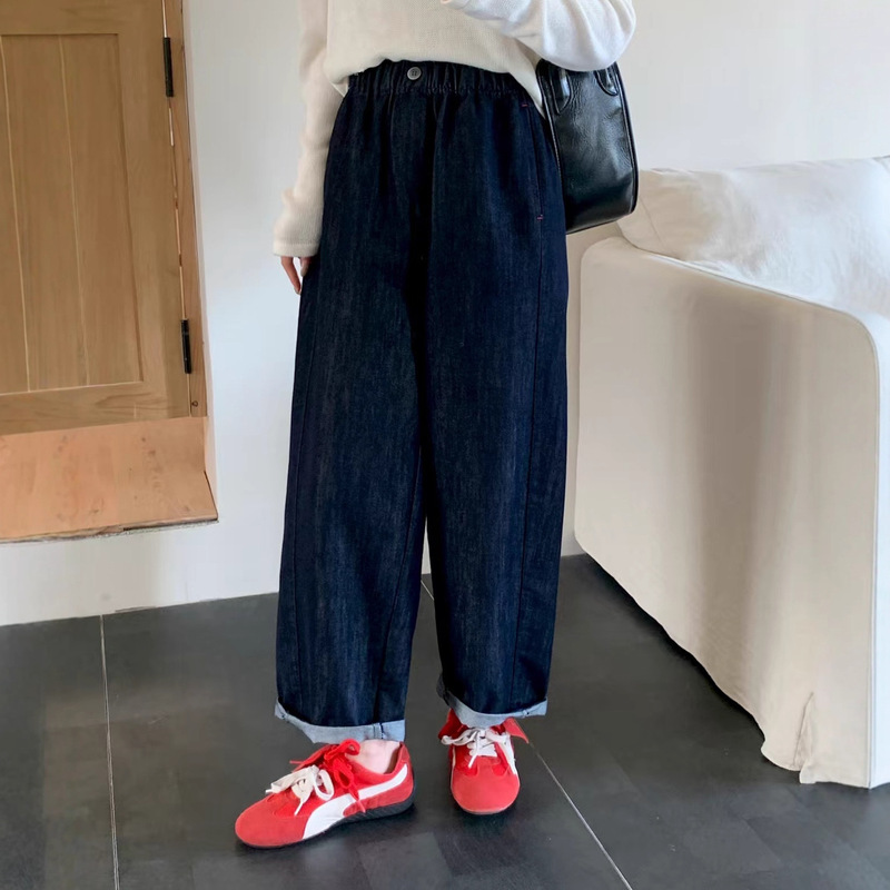 Active Dyed Jeans 2025 Autum New Fashion Retro Elastic Waist Slim Loose Straight Pants for Women 2291