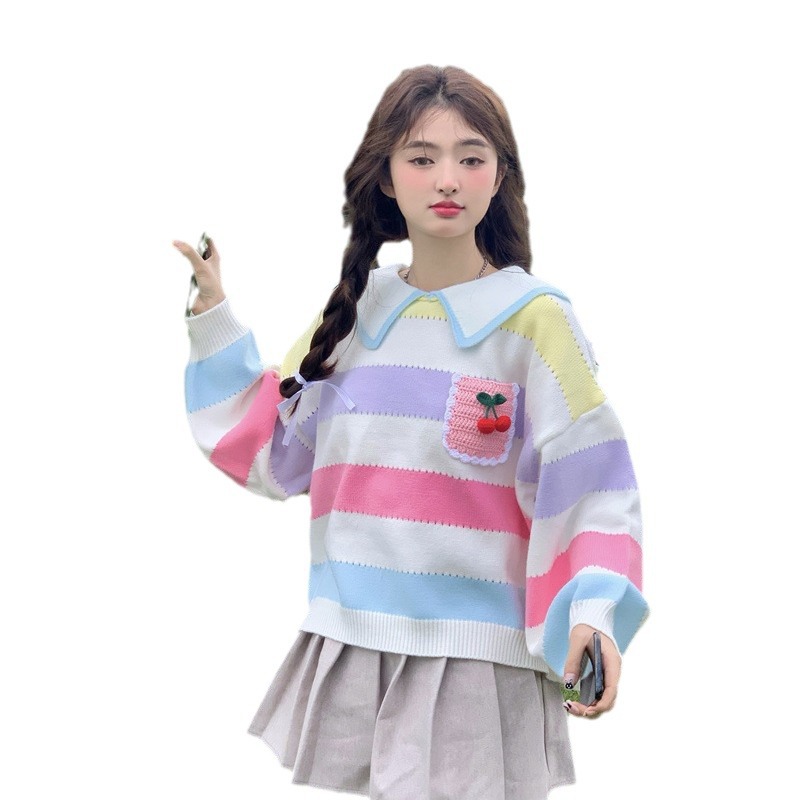 Dulce edad-reducción de la muñeca collar contraste color rayas suéter suelto mujeres otoño adelgazamiento perezoso suave viento suave suéter glutinoso image 6