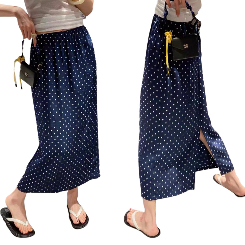 Fashionable and Simple, Playful and Smart Navy Polka Dot Loose Straight Back Slit Sand Washed Silk Skirt Fashionable and Simple, Playful and Smart Navy Polka Dot Loose Straight Back Slit Sand Washed Silk Skirt