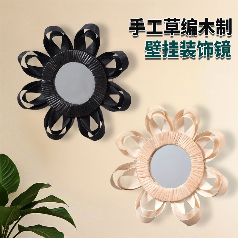 Paja hecha a mano de madera espejo decorativo salón de fondo colgante de pared pasillo Hotel B & B baño espejo cosmético espejo redondo