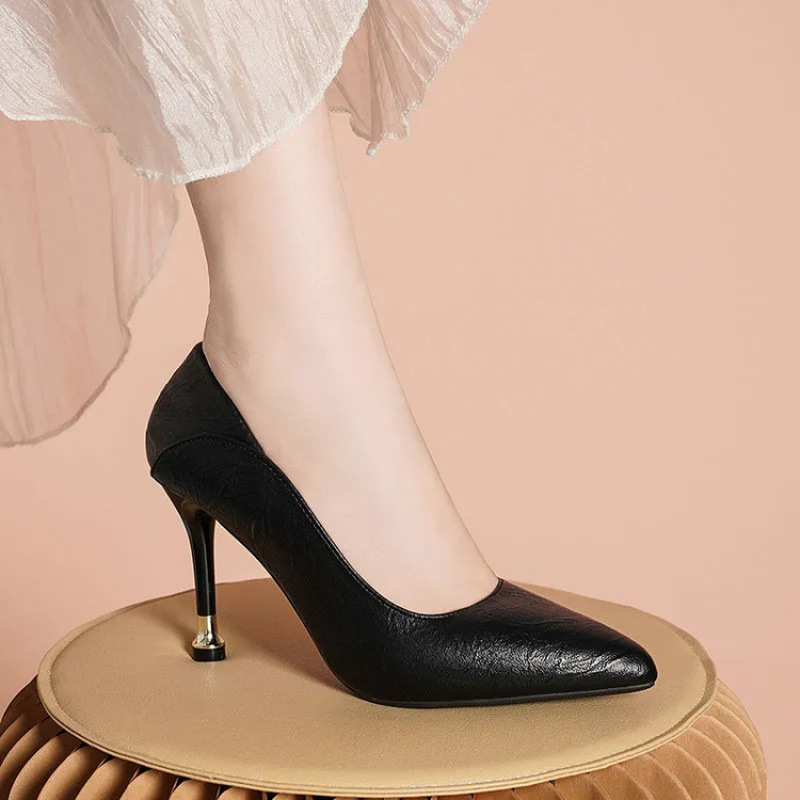 2024 Spring and Autumn New Style Mid-Heel Genuine Leather Fashion Versatile Women's Shoes Student High Heels Pointed Toe Stiletto Elegant Single Shoes