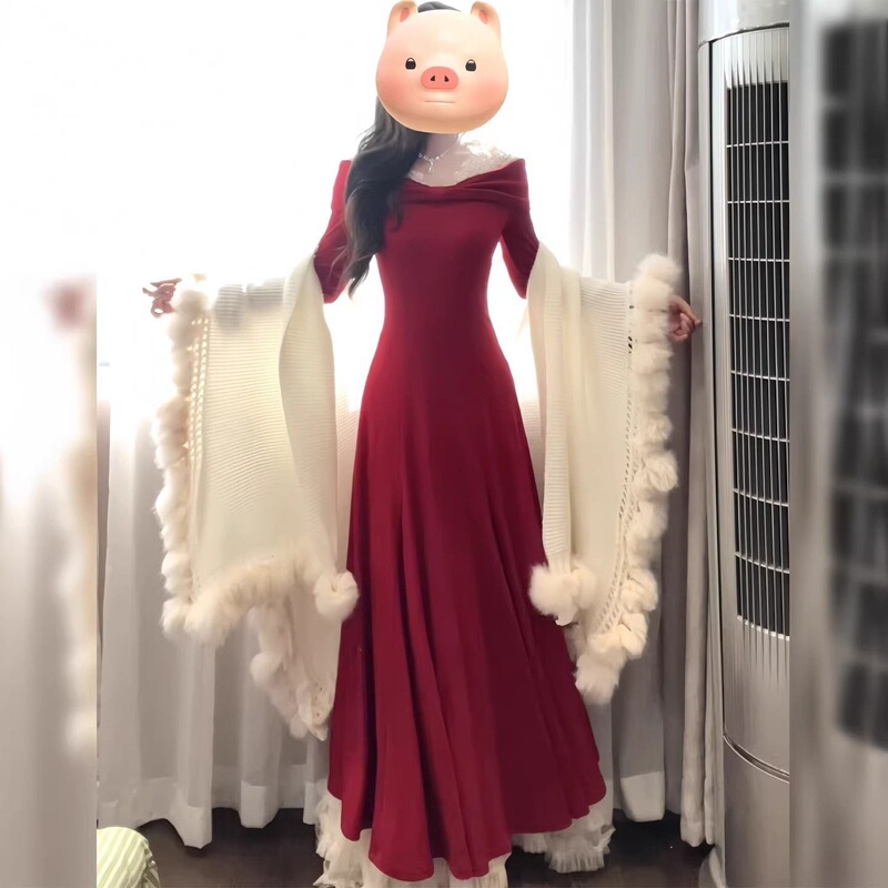 Elegant red one-shoulder dress with lace detailing, perfect for autumn and winter, exuding a French chic and sophisticated style, designed as a fitted inner layer or a long dress
