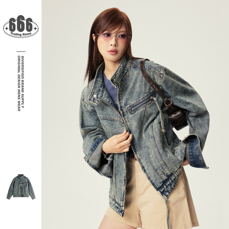 N-52TRW国潮复古水洗机车牛仔外套男女宽松雪花洗牛仔衣夹克W199|undefined