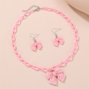 Winter new simple niche candy-colored acrylic bow pendant cross-border cute children's necklace earrings