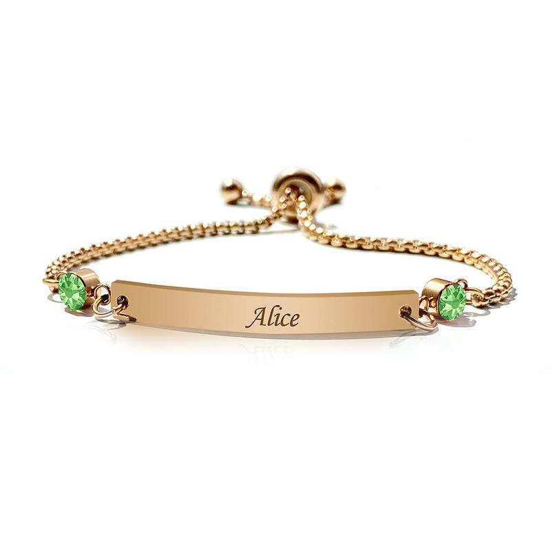 Ladies Bracelet Birthday Gift Adjustable Golden Chain Stainless Steel Curved Plate Engraving Green Birthstone Bracelet