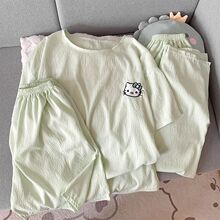 可爱卡通睡衣套装女夏季薄款云朵棉家居服甜美短袖短裤长裤三件套