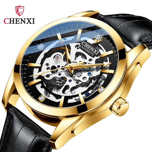 CHENXI fully automatic mechanical watch men's leather strap hollow mechanical watch luminous waterproof cross-border watch
