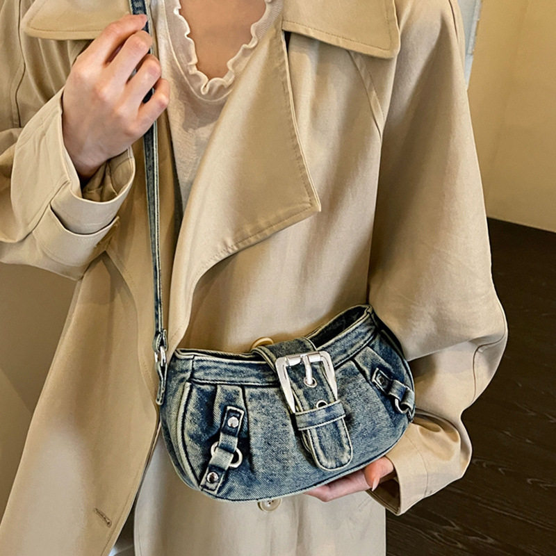 Túi đeo chéo nữ dáng hộp nhỏ kẹp nách vải denim xếp nếp phong cách Hàn Quốc — Cao bồi xanh, Màu xanh cổ điển, đen chi tiết 24