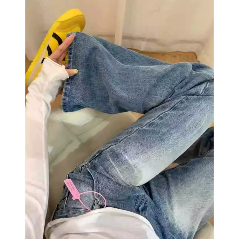 Американский ретро стирка без наклеек микро-рога джинсы женские осенние низкие талии свободные тонкие прямые брюки с широкими ногами