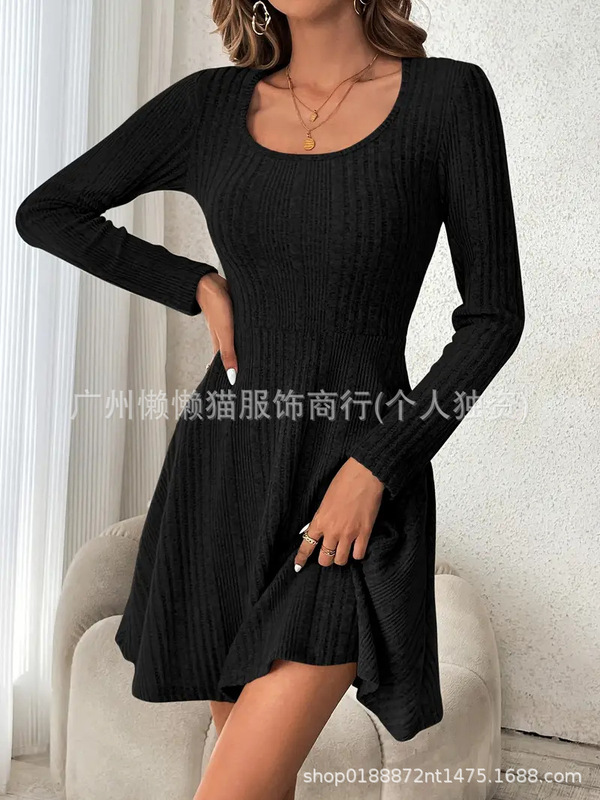 2025新款时尚休闲欧美风针织连衣裙 方领收腰大摆裙跨境女装批发|undefined