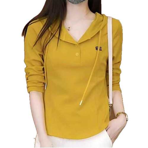Women's Versatile Long Sleeve T-Shirt with Hooded Sweatshirt, Pure Color, Spring and Autumn Thin Version, Slimming, Stylish Top