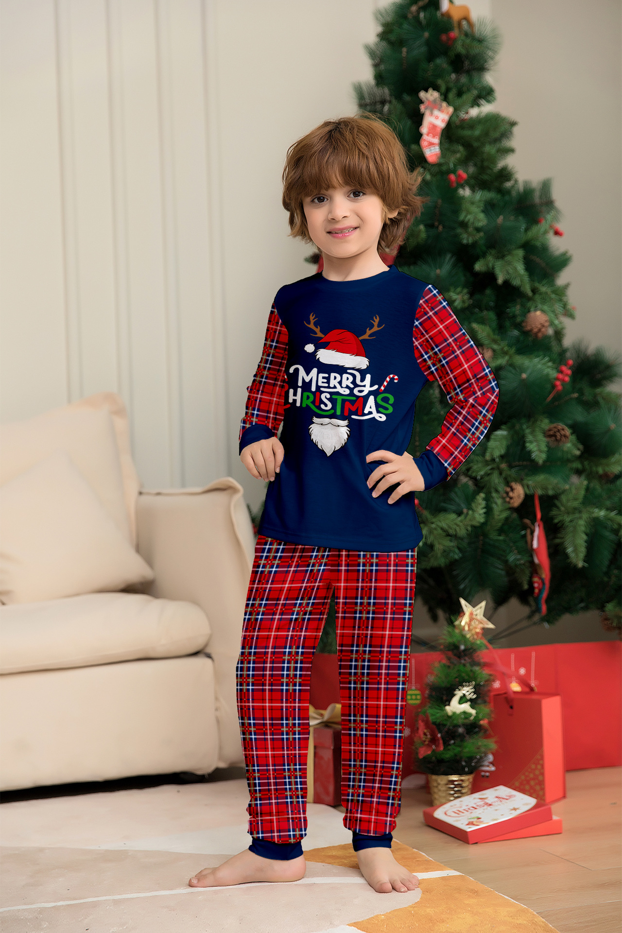Cappello da Babbo Natale con alfabeto a quadri, completo da famiglia natalizio, vestiti per la casa stampati, pigiama_voghion.com