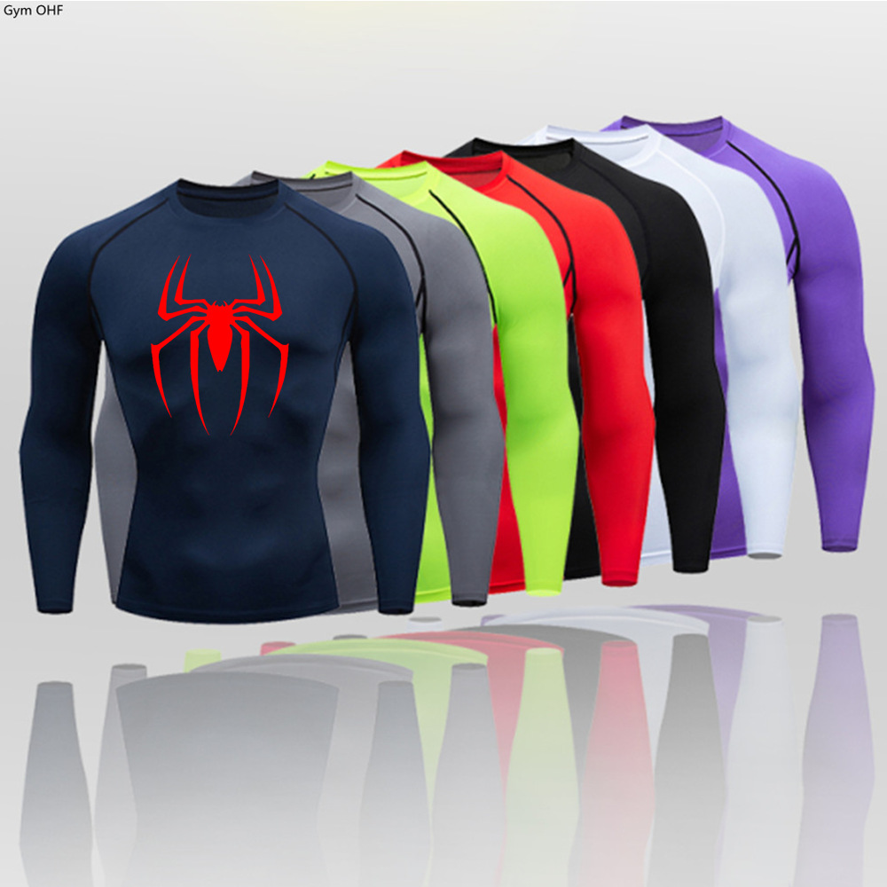 Spider hot cross-border manufacturers sell men's fitness tight T-shirt quick-drying high elastic sports shirt undershirt