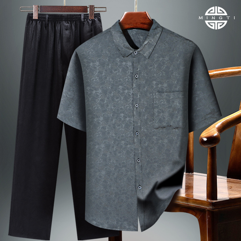Silk Shirt Men's Suit Thin Dad Shirt Summer Casual 60-Year-Old Grandpa Short-Sleeved Top Silk Shirt Men's Suit Thin Dad Shirt Summer Casual 60-Year-Old Grandpa Short-Sleeved Top