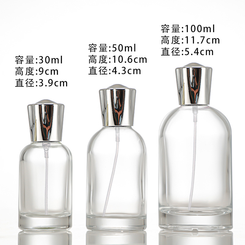 Botella de perfume puntual, material blanco de cristal transparente, botella de embalaje cosmético de vidrio, botella de relleno de perfume en aerosol de bayoneta, botella vacía