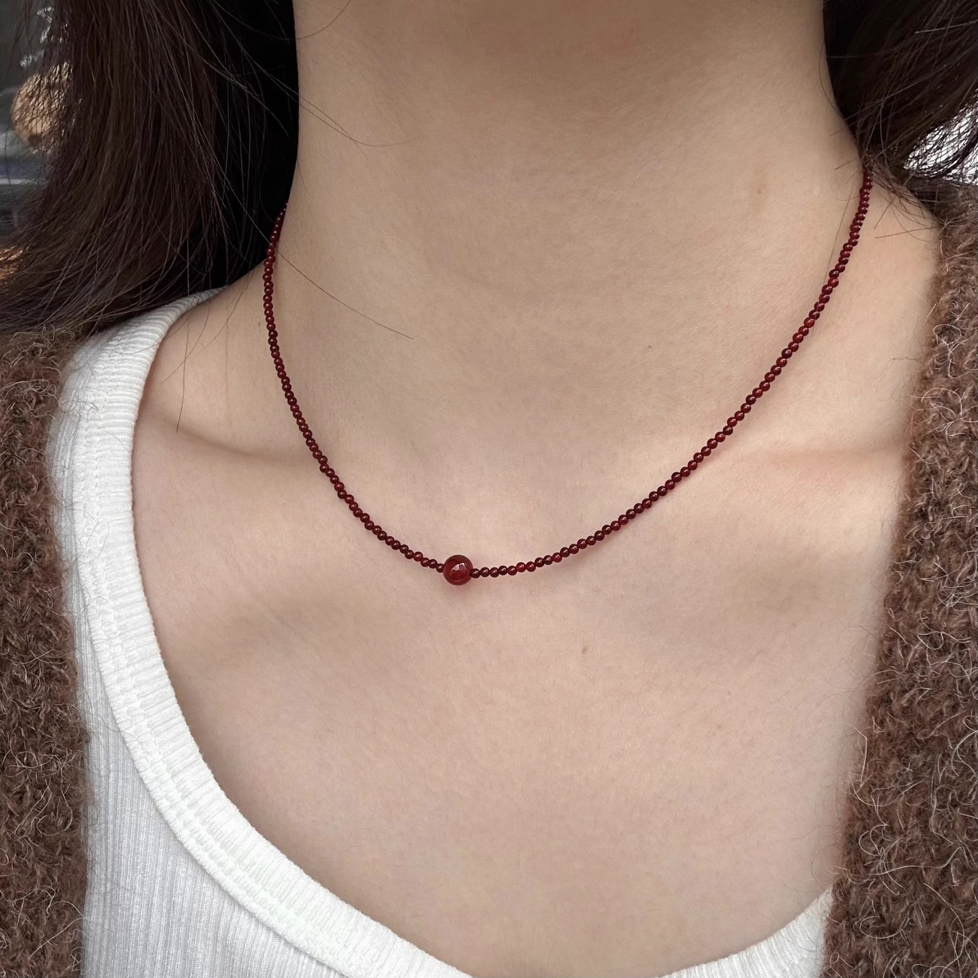 天然紅瑪瑙頸鏈女轉運串珠鎖骨鏈顯白本命年疊戴項鍊不掉色女配飾