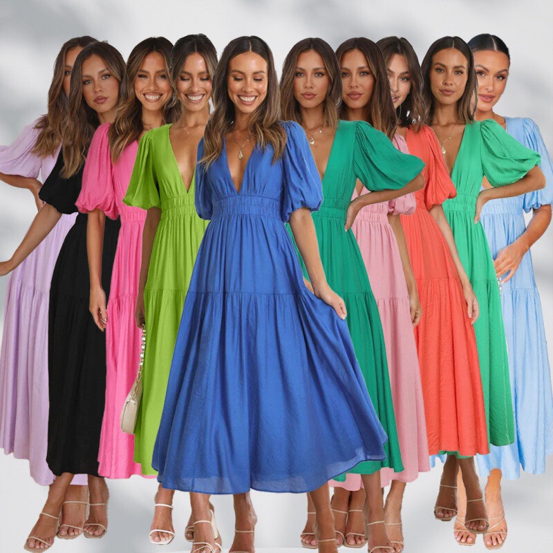 23 years European and American Foreign trade casual fashion summer Amazon V-neck tight waist mid-length dress 23047