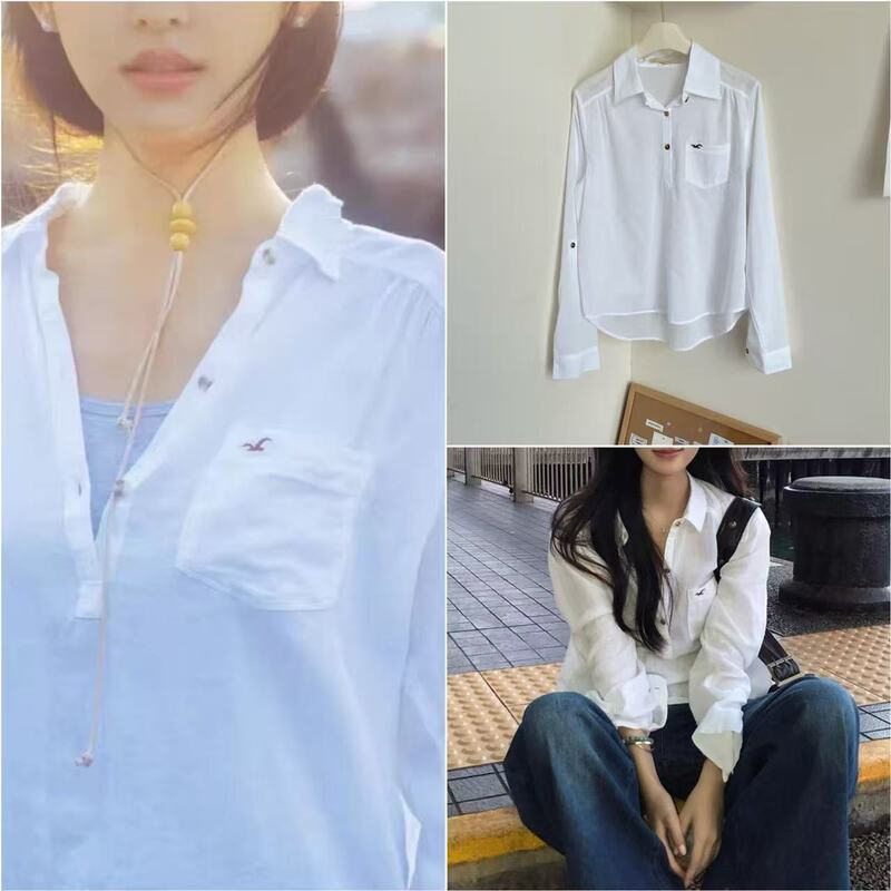 Korean Dongdaemun Celebrity-Inspired Gentle and Simple Seagull Embroidery Lightweight Breathable Long-Sleeve Shirt Cardigan Top Korean Dongdaemun Celebrity-Inspired Gentle and Simple Seagull Embroidery Lightweight Breathable Long-Sleeve Shirt Cardigan Top
