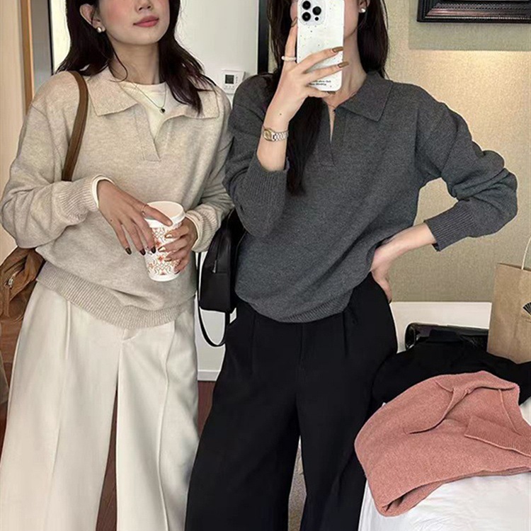 软糯polo翻领毛衣女内搭秋冬复古港味慵懒风上衣休闲针织打底衫女|undefined