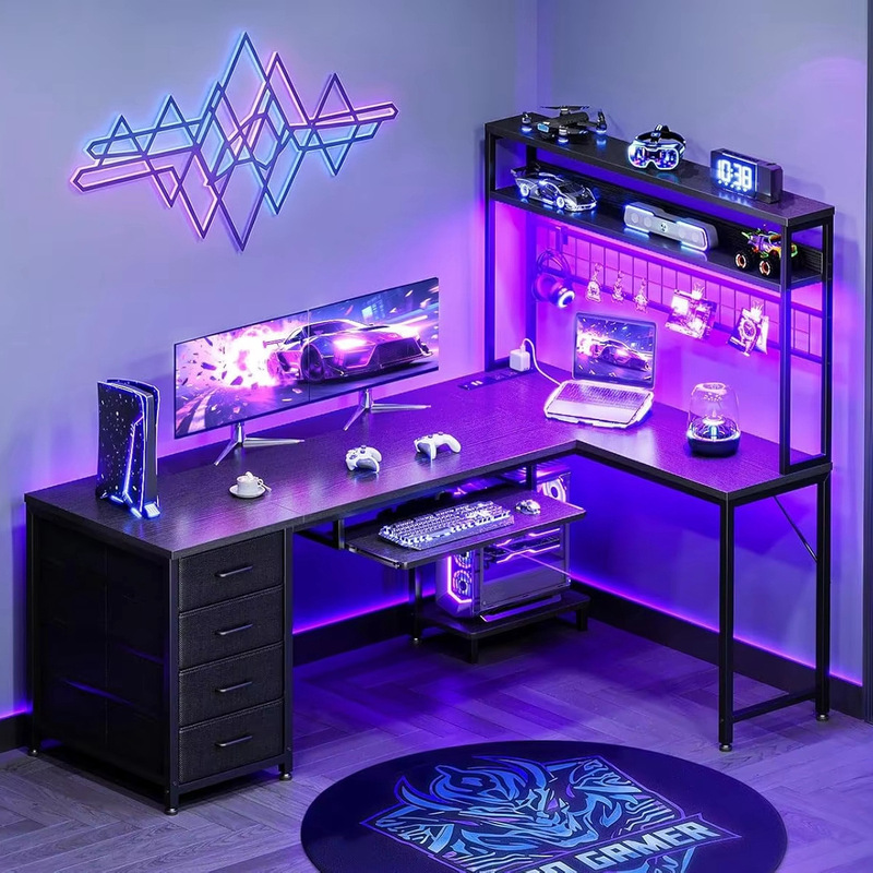 Cross-Border E-Commerce Amazon Hot-Selling Product: Cool Black Multi-Functional Computer Desk with Storage Shelves and Drawers, Specifically for Gaming