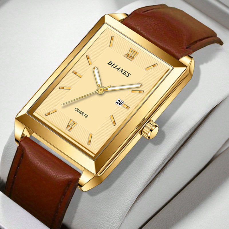 DIJANES New Casual Leather Men's Watch Square Quartz Watch Korean Style Student Watch Calendar Watch Men