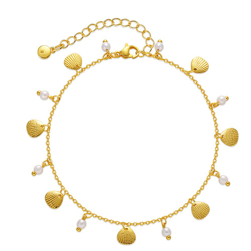 Elegant 18K Real Gold Plated Pearls Beaded Anklet Chain with Unique Small Shell Pendant, French Beach Style Design