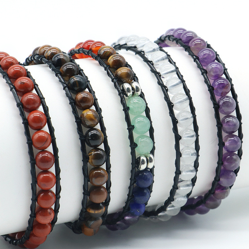 Colorful Stone Round Bead Leather Rope Woven Bracelet Natural Amethyst Tiger Eye Stone Winding Colorful Bracelet Cross-border New Product