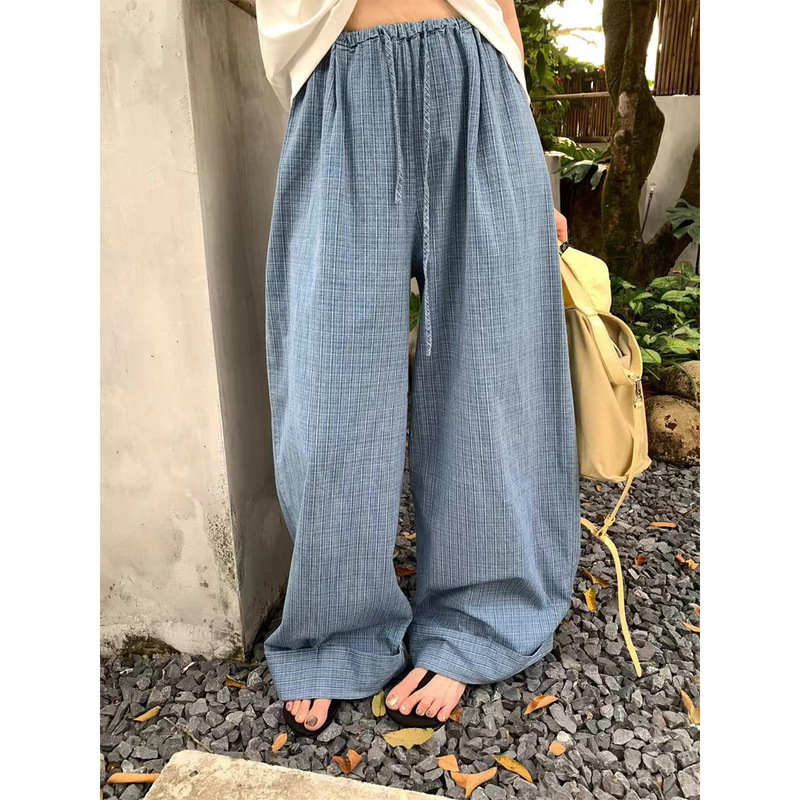 水洗牛仔棉抽绳阔腿裤女夏季薄款松弛感宽松显瘦休闲裤百搭拖地裤|undefined