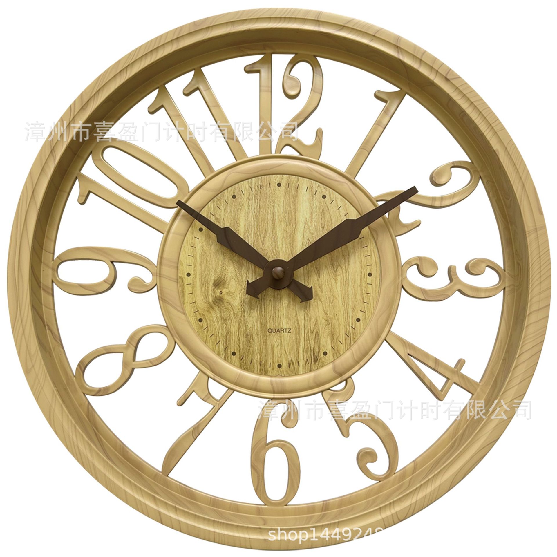 Wholesale foreign trade clock European hollow imitation wood wall clock home round 12 inch clock creative simple wall clock