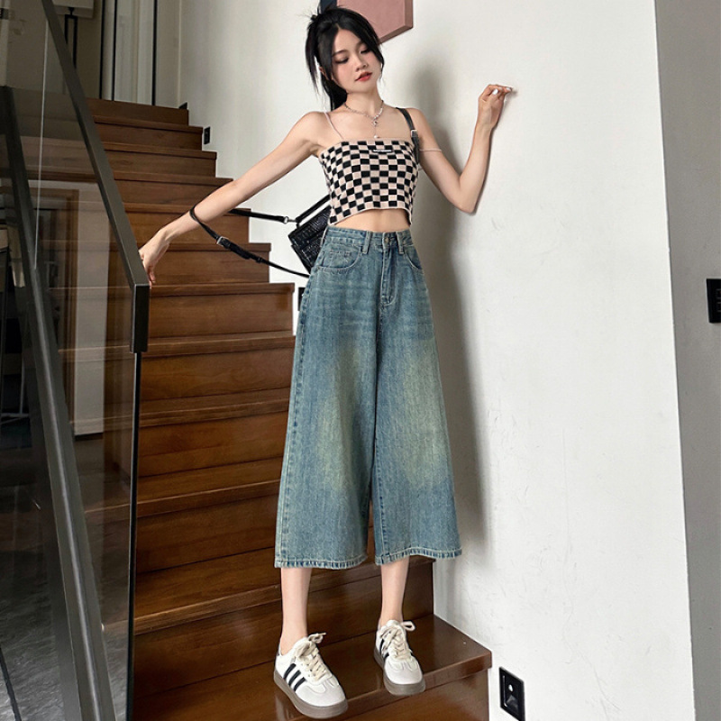 Retro Wide-Leg Jeans for Women Petite Summer 2025 New High-Waisted Eight-Point Loose Straight-Leg Three-Point Pants for Women Trendy