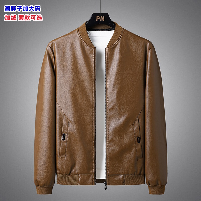 Men's Leather Jacket Spring and Autumn New Style Fleece Thick Versatile Casual Trendy Plus-Size Baseball Collar Leather Jacket