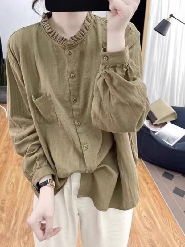 纯色长袖棉麻衬衫女春秋复古小个子宽松时尚百搭显瘦衬衣打底外穿|undefined