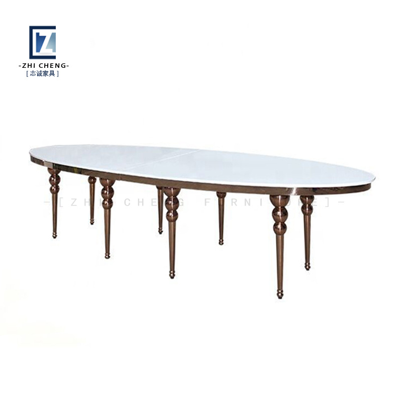 Mesa de boda para exteriores con tablero ovalado de vidrio dorado y acero inoxidable, mesa de comedor combinada para alquiler de banquetes integrada