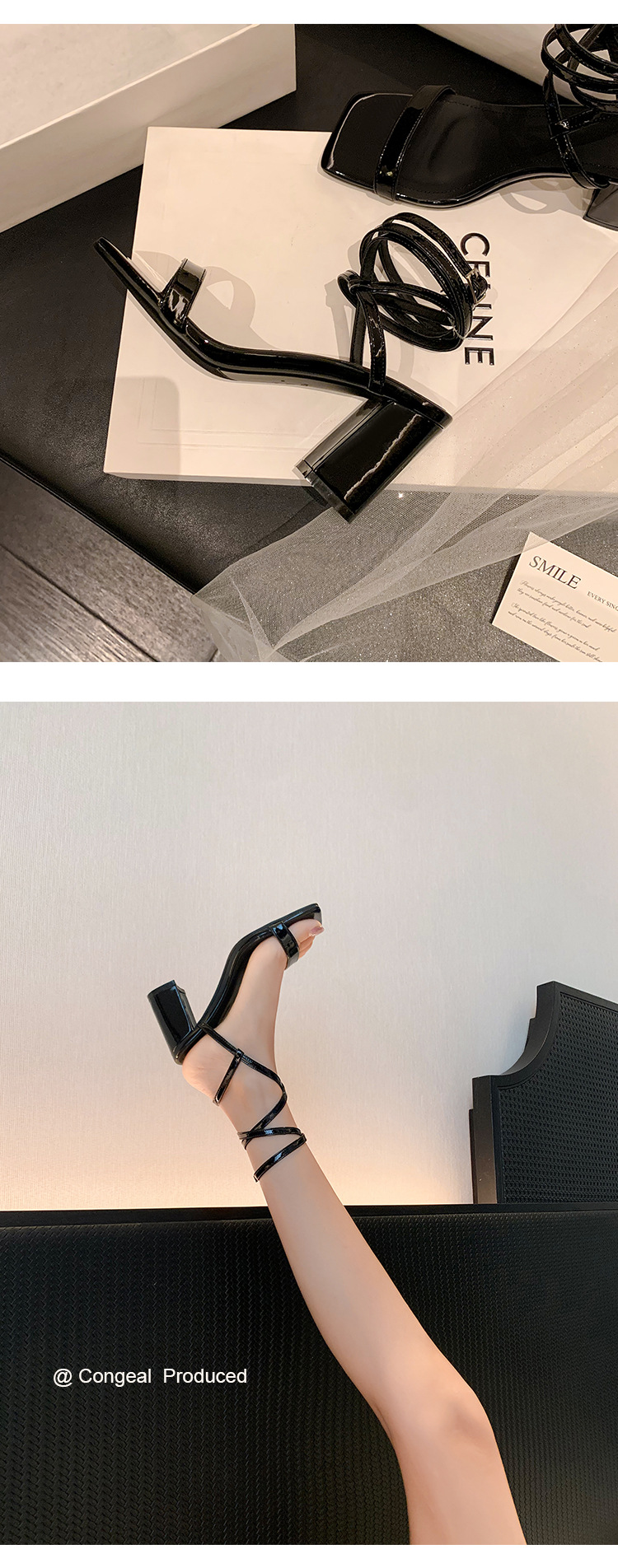 Sandal cao gót nữ hở mũi quai chân phong cách tiên nữ gót thô — Màu đen chi tiết 22